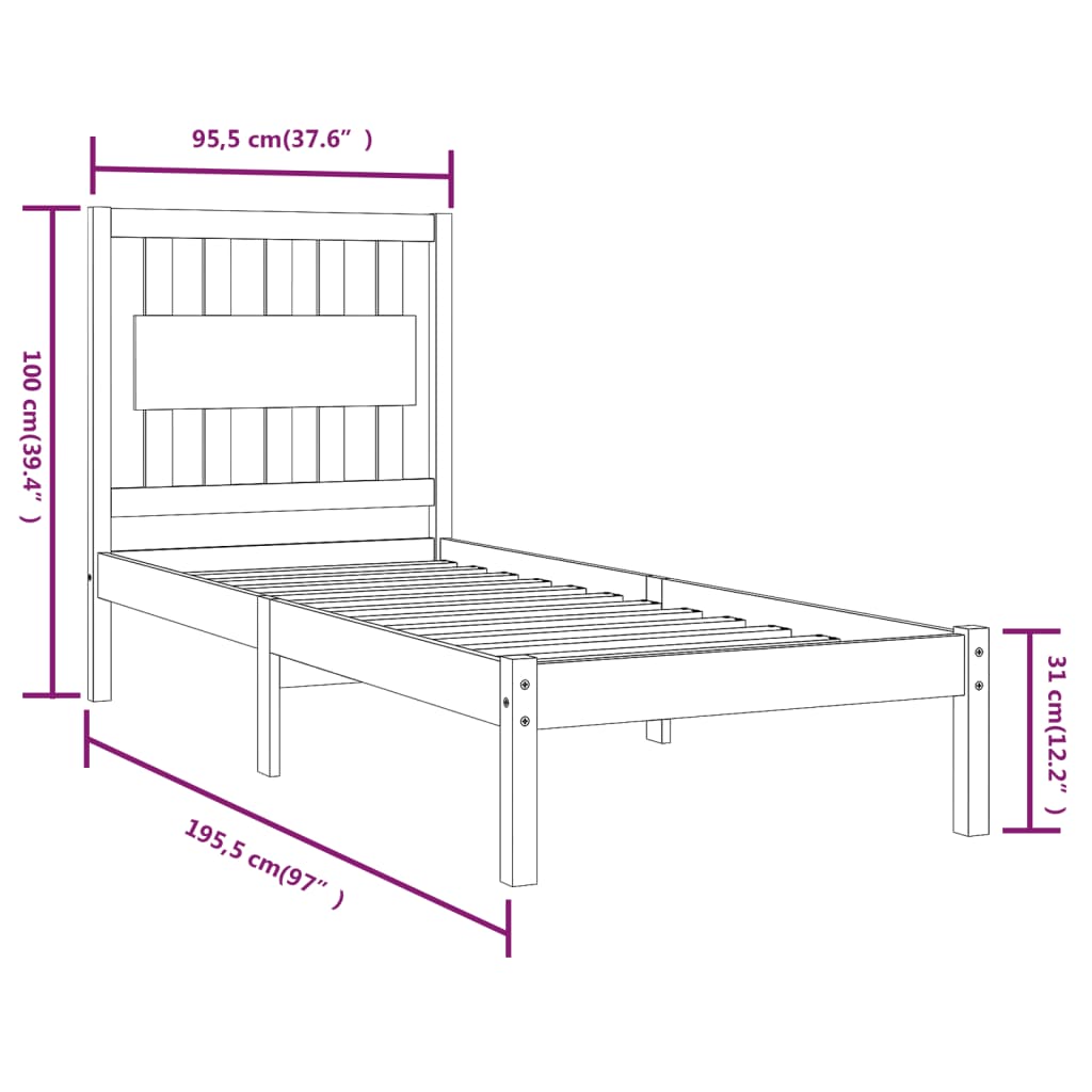 vidaXL Cadru de pat single, negru, 90x190 cm, lemn masiv de pin