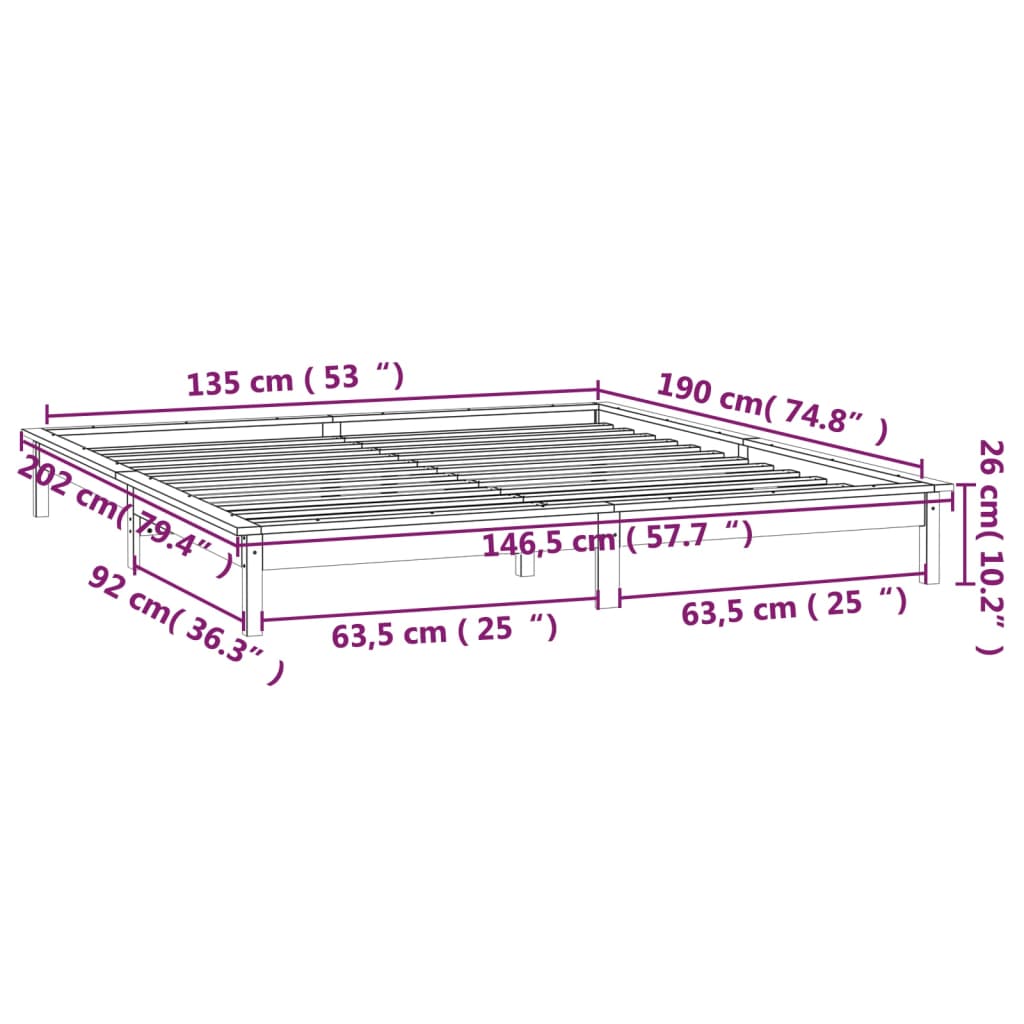 vidaXL Cadru de pat dublu cu LED, negru, 135x190 cm, lemn masiv