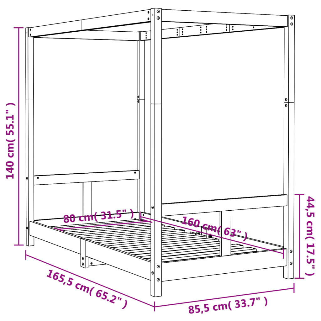 vidaXL Cadru de pat pentru copii, negru, 80x160 cm, lemn masiv de pin