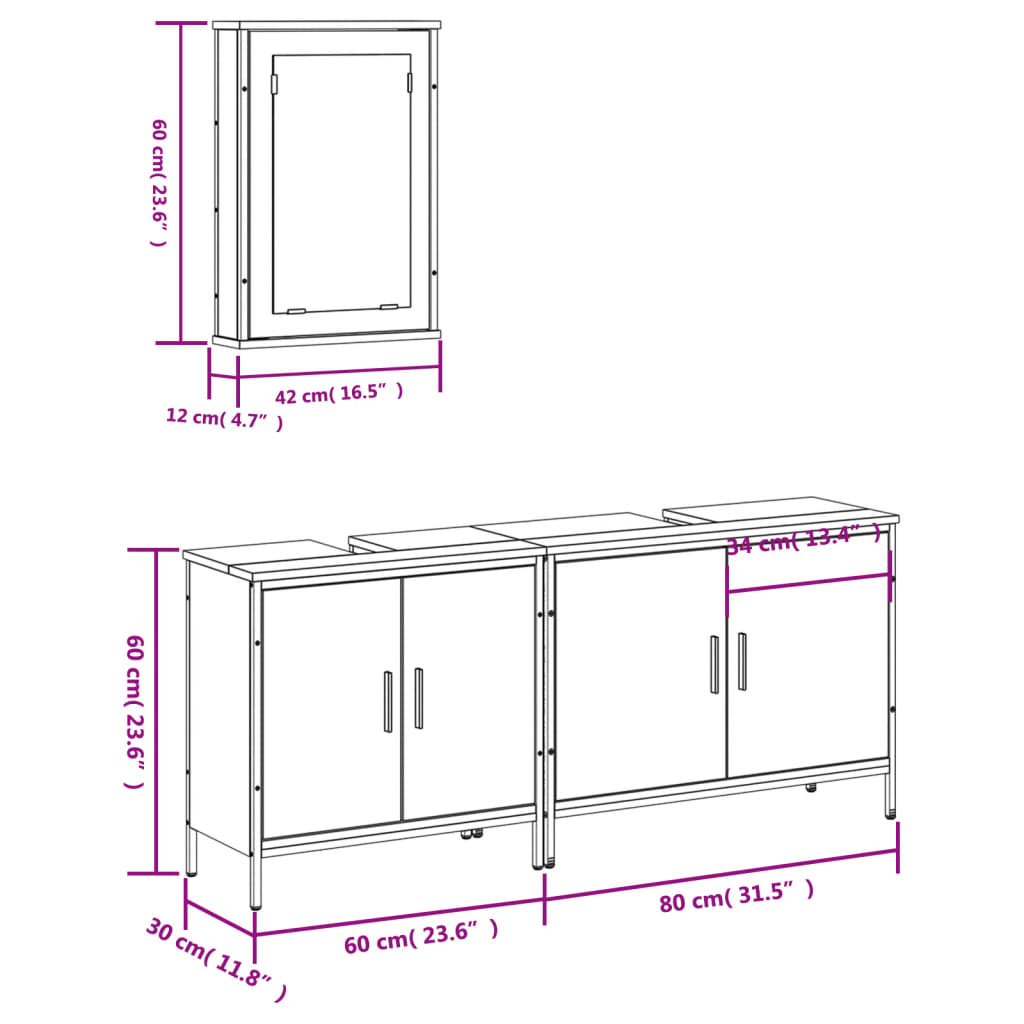 vidaXL Set mobilier de baie, 3 piese, stejar fumuriu, lemn prelucrat