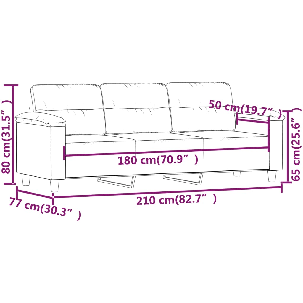 vidaXL Canapea cu 3 locuri, negru, 180 cm, țesătură microfibră