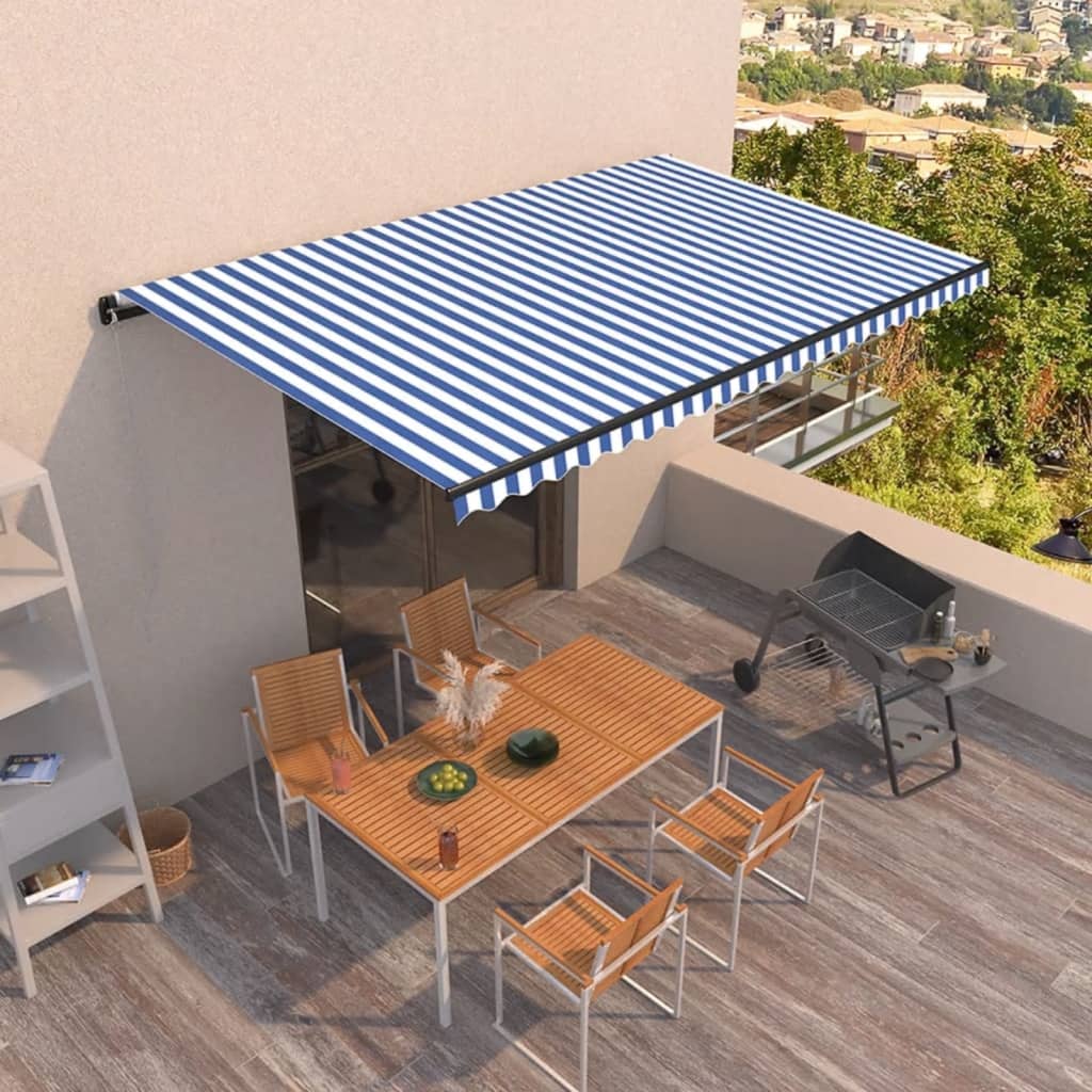 vidaXL Copertină retractabilă manual, albastru și alb, 500x350 cm