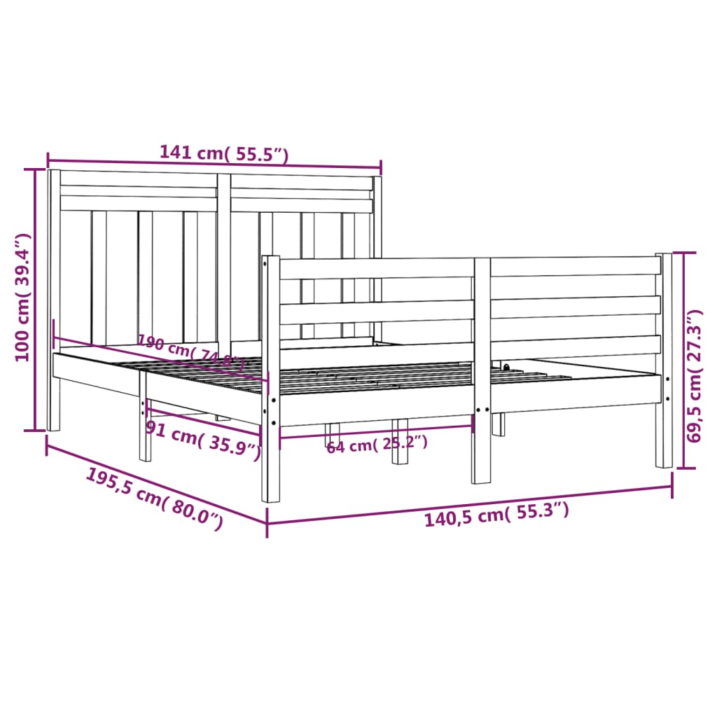 vidaXL Cadru de pat dublu, negru, 135x190 cm, lemn masiv