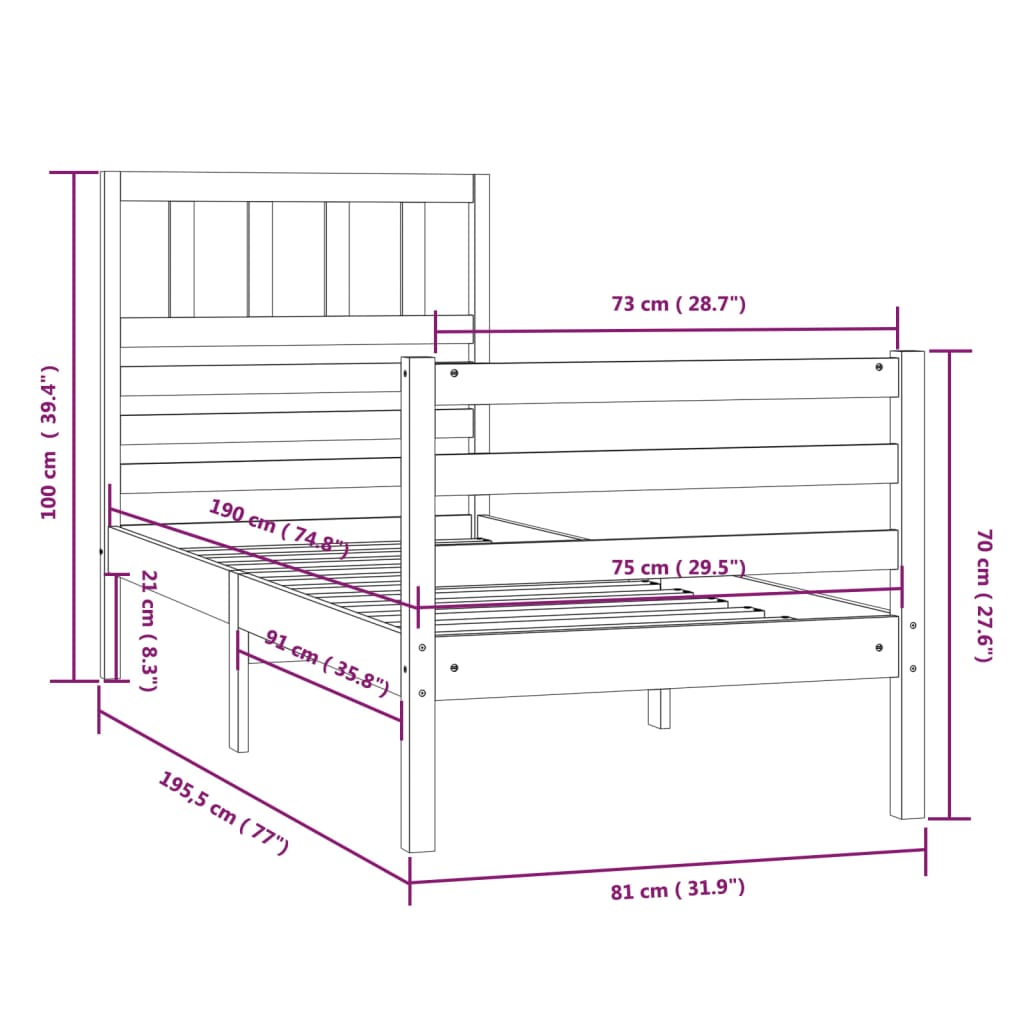 vidaXL Cadru de pat mic single, 75x190 cm, lemn masiv