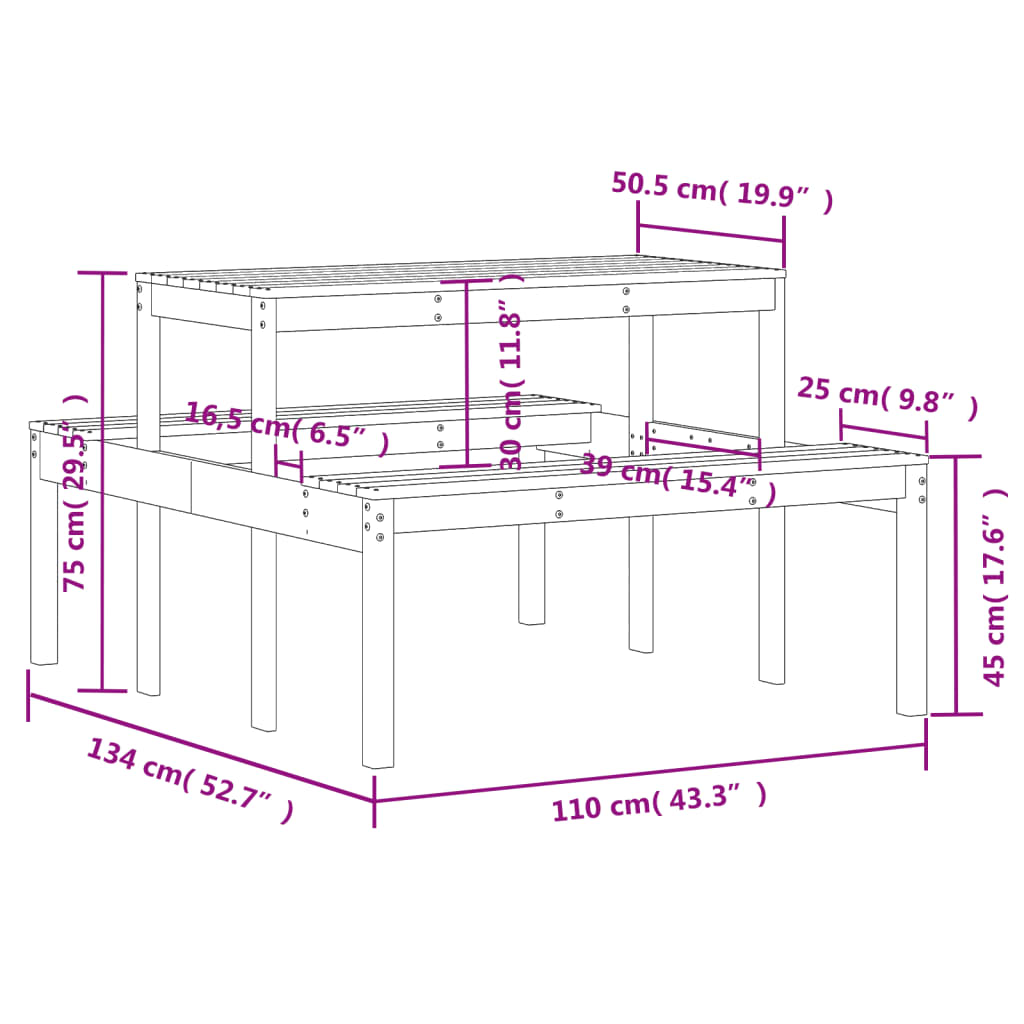 vidaXL Masă de picnic, maro ceruit, 110x134x75 cm, lemn masiv pin