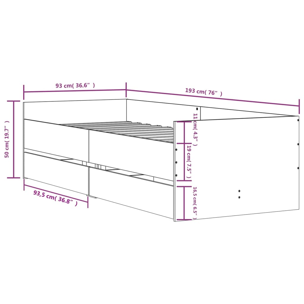 vidaXL Cadru de pat cu sertare, gri sonoma, 90x190 cm