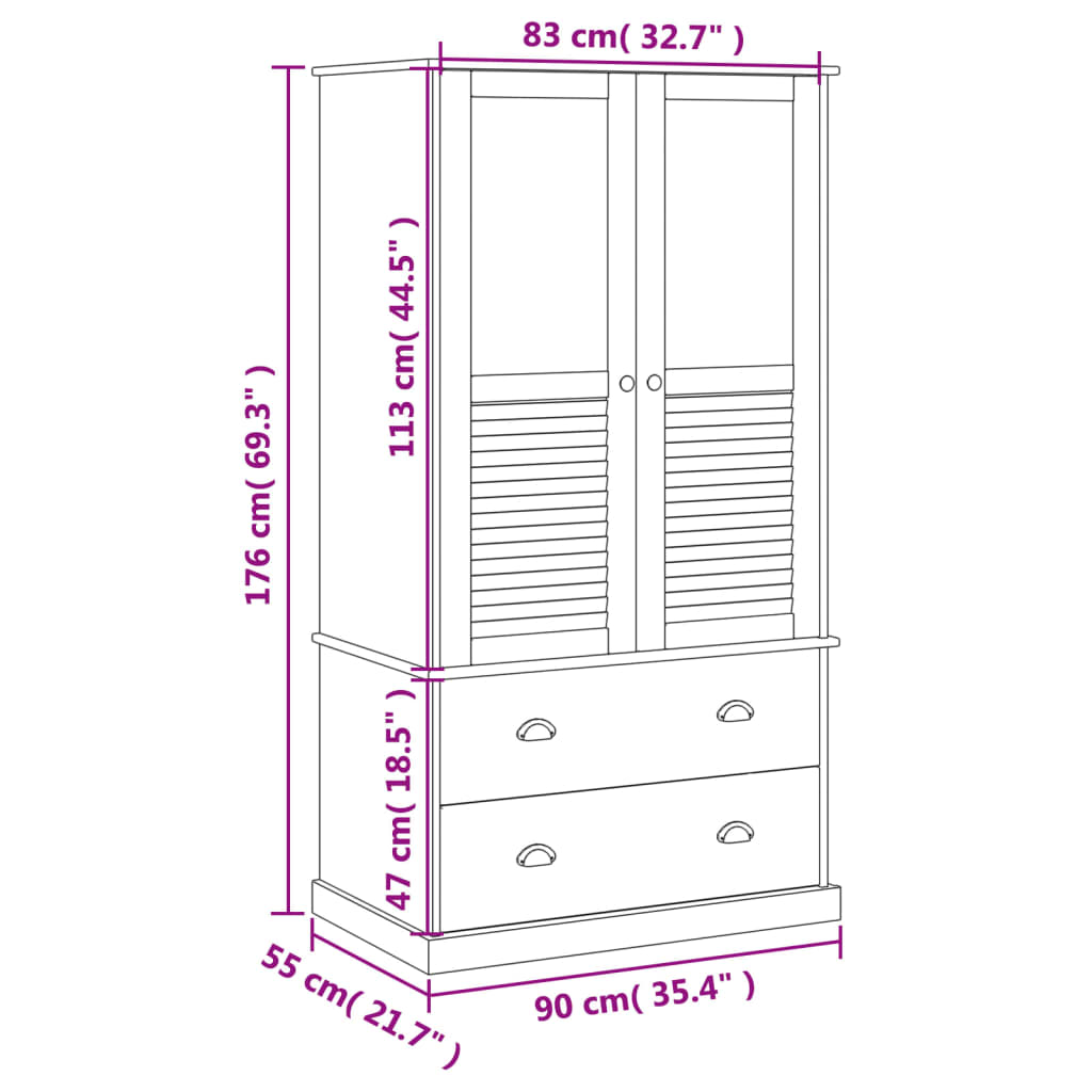 vidaXL Dulap VIGO, alb, 90x55x176 cm, lemn masiv de pin