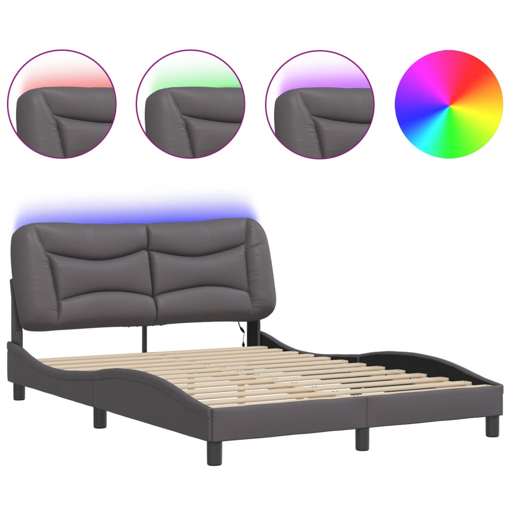 vidaXL Cadru de pat cu lumini LED, gri, 140x190 cm, piele ecologică