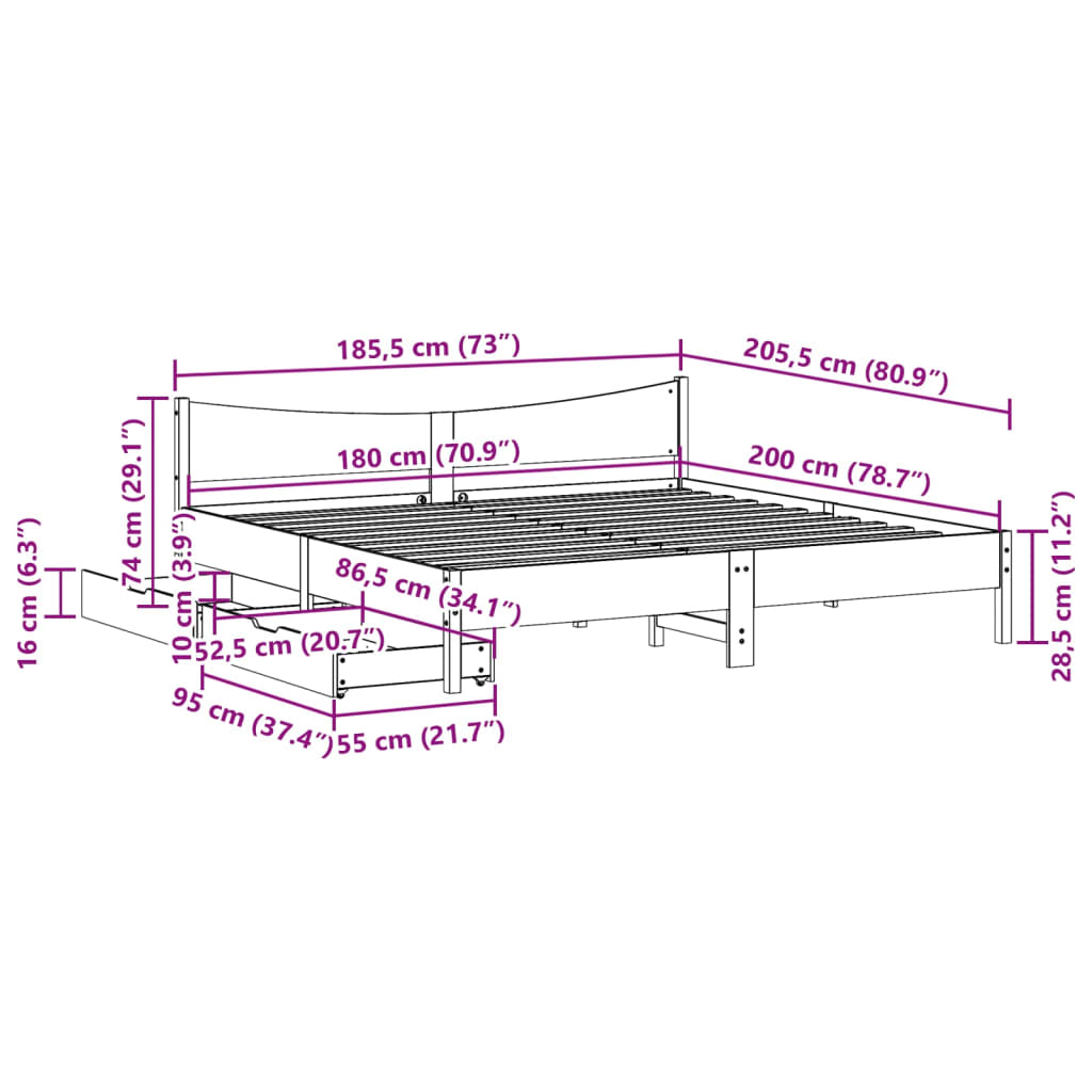 vidaXL Cadru pat cu sertare, maro ceruit, 180x200 cm, lemn masiv pin