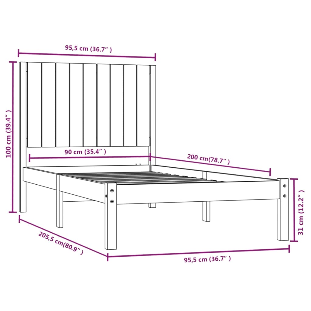 vidaXL Cadru de pat, gri, 90x200 cm, lemn masiv de pin