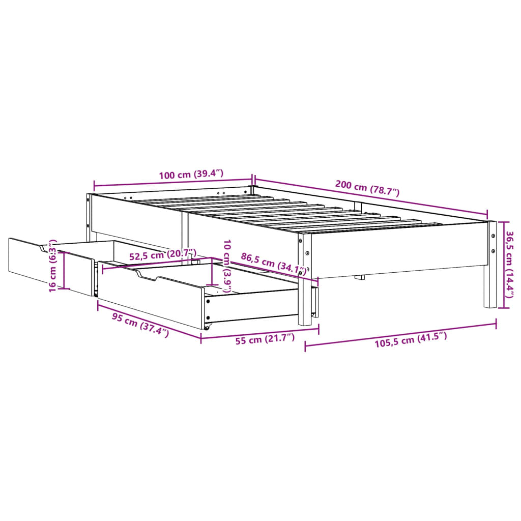 vidaXL Cadru pat fără saltea, alb, 100x200 cm, lemn masiv pin