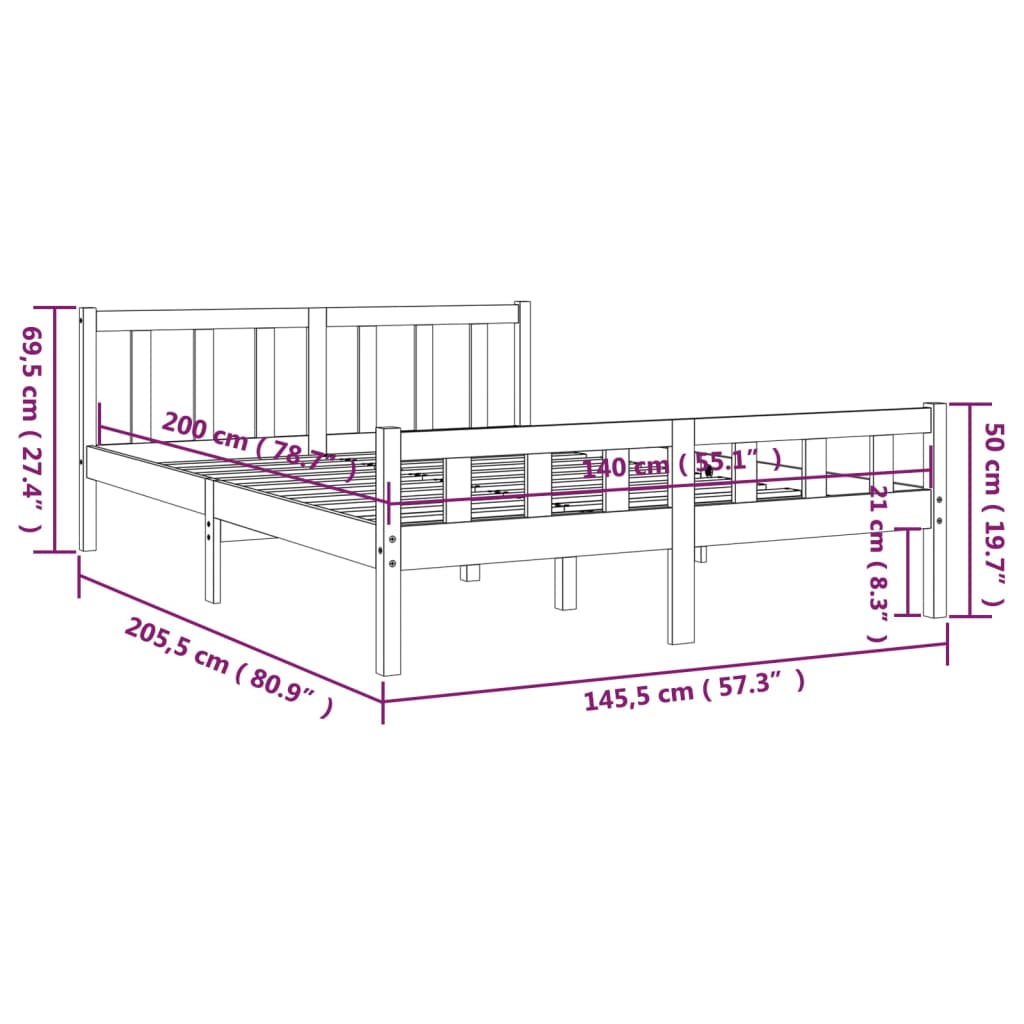 vidaXL Cadru de pat, gri, 140x200 cm, lemn masiv de pin