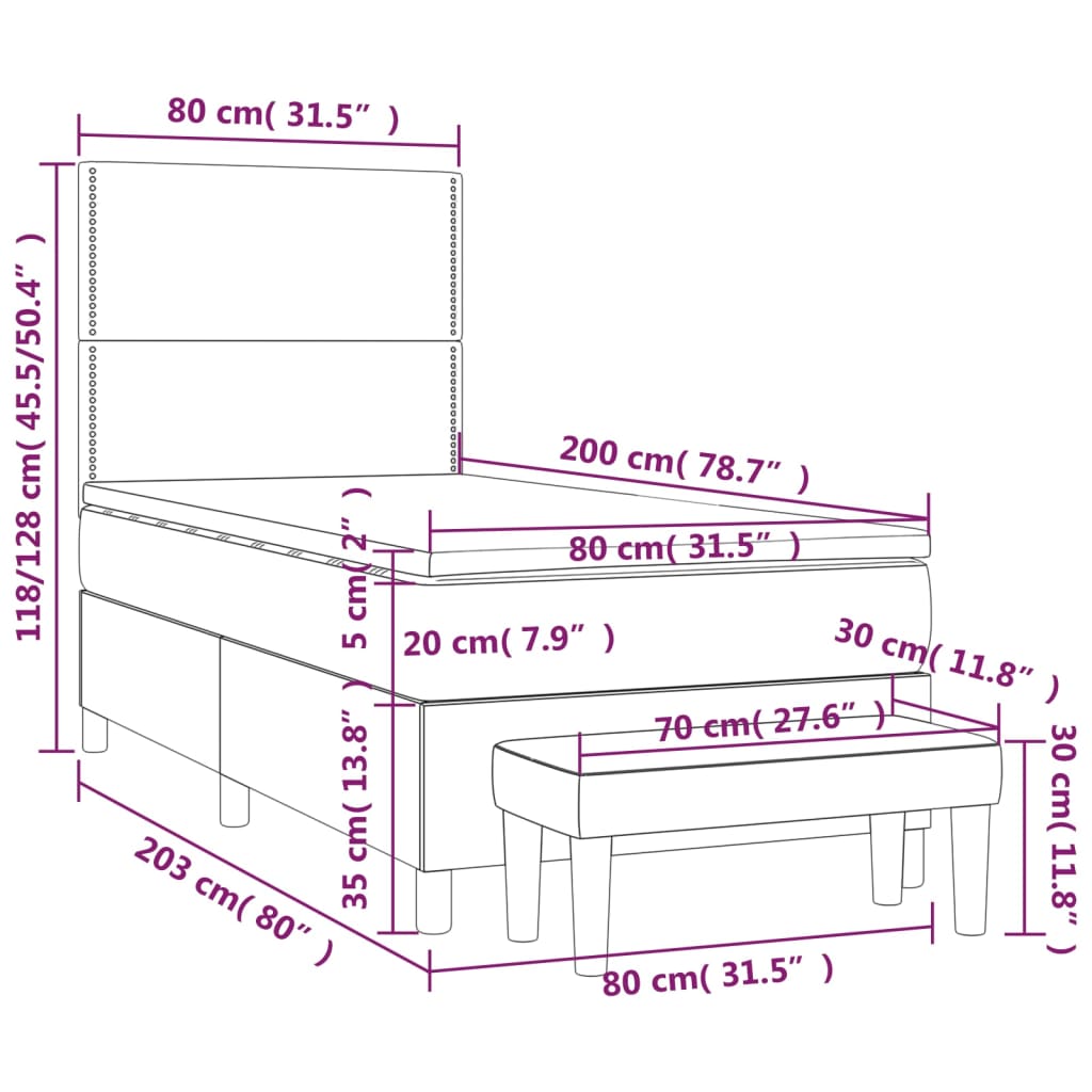 vidaXL Pat box spring cu saltea, gri închis, 80x200 cm, textil