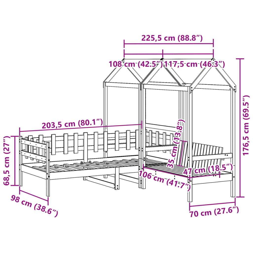 vidaXL Set pat de zi/bancă cu acoperiș, 90x200 cm, lemn masiv de pin