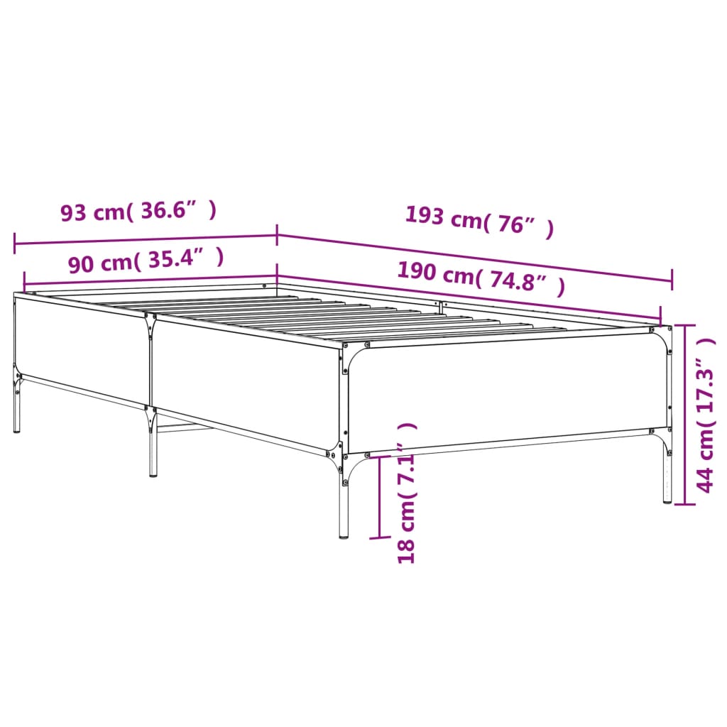 vidaXL Cadru de pat, gri sonoma, 90x190 cm, lemn prelucrat și metal