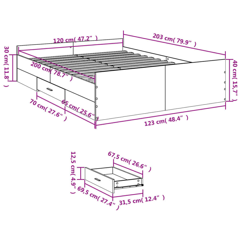 vidaXL Cadru de pat cu sertare gri sonoma 120x200 cm lemn prelucrat