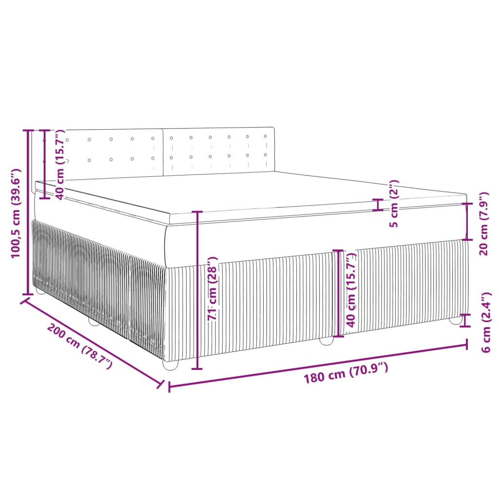 vidaXL Pat box spring cu saltea, gri deschis, 180x200 cm, catifea