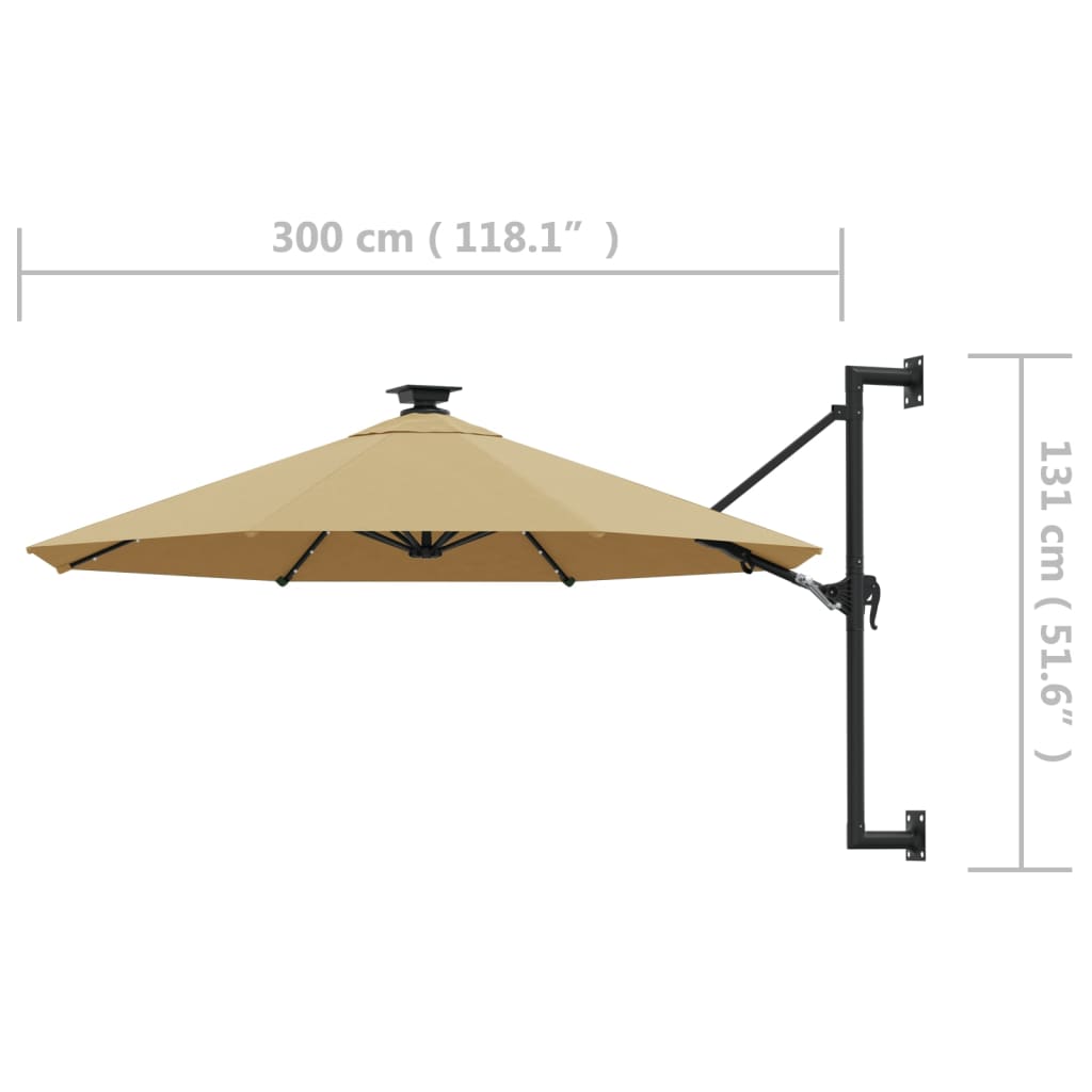 vidaXL Umbrelă soare LED montaj pe perete stâlp metal gri taupe 300cm