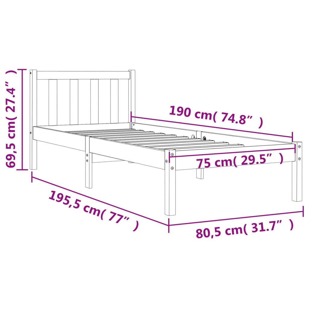 vidaXL Cadru pat fără saltea, maro ceruit, 75x190 cm, lemn masiv pin