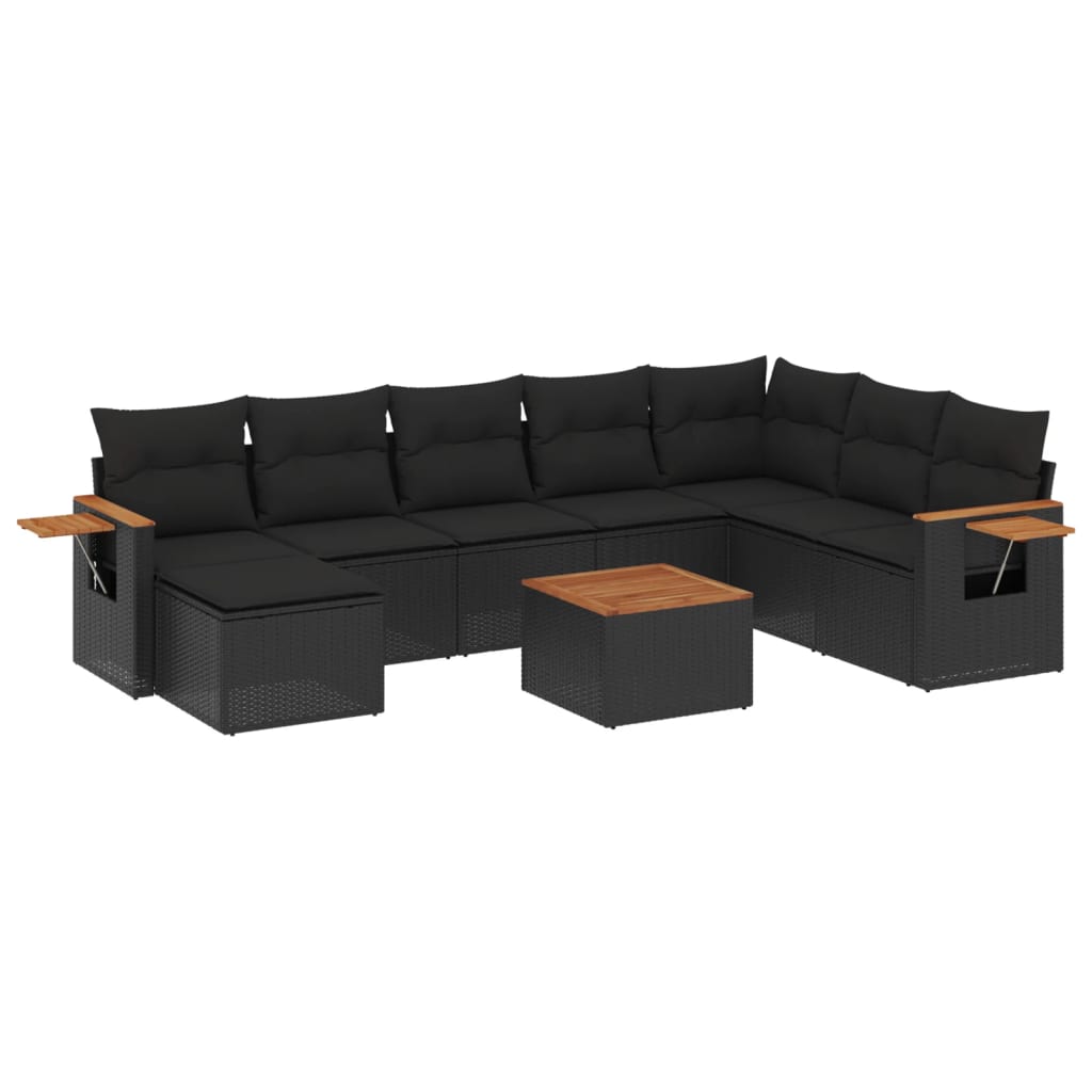 vidaXL Set mobilier de grădină cu perne, 9 piese, negru, poliratan