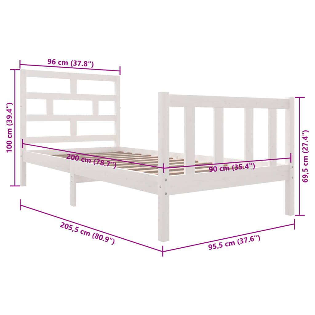 vidaXL Cadru de pat, alb, 90x200 cm, lemn masiv de pin