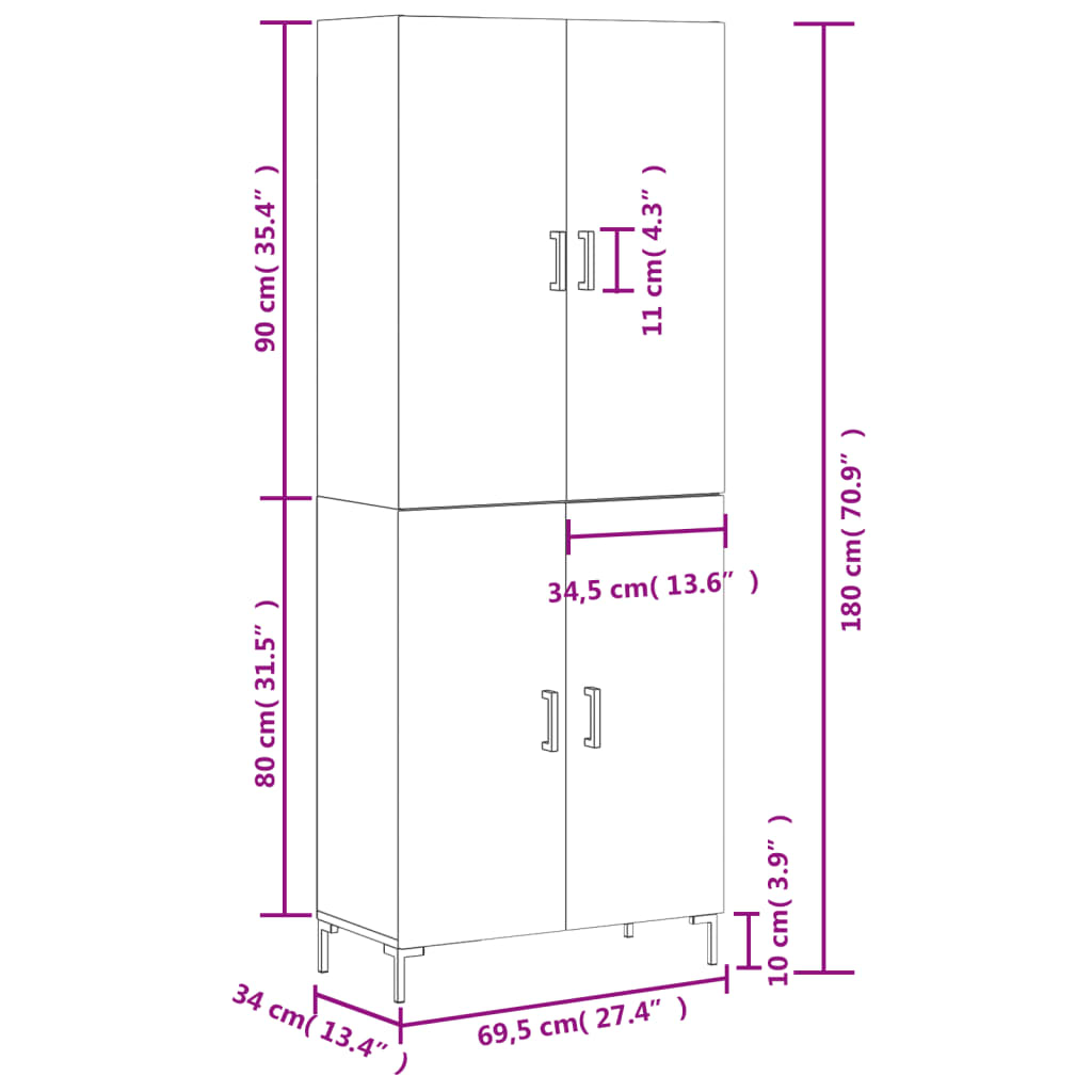 vidaXL Dulap înalt, gri sonoma, 69,5x34x180 cm, lemn compozit