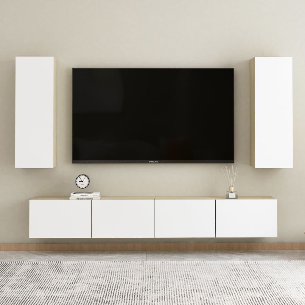 vidaXL Comodă TV, alb și stejar Sonoma, 30,5x30x90 cm, lemn prelucrat