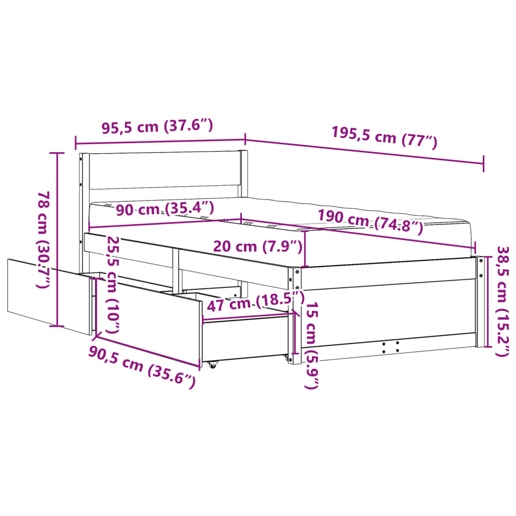 vidaXL Pat cu sertare și saltea, 90x190 cm, lemn masiv pin