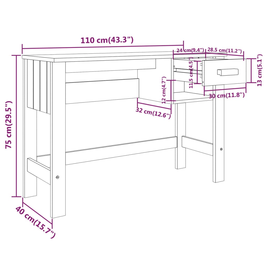 vidaXL Birou „HAMAR”, alb, 110x40x75 cm, lemn masiv de pin