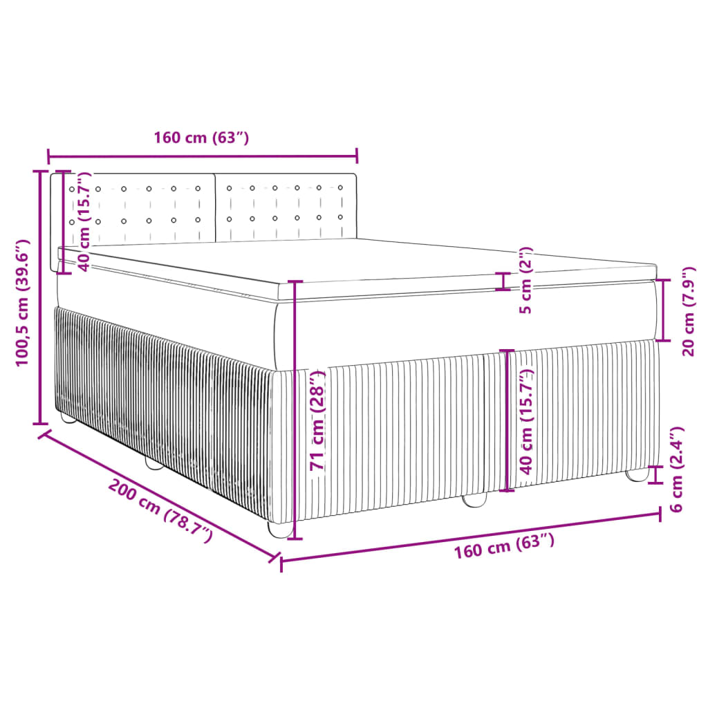 vidaXL Pat box spring cu saltea, albastru, 160x200 cm, catifea