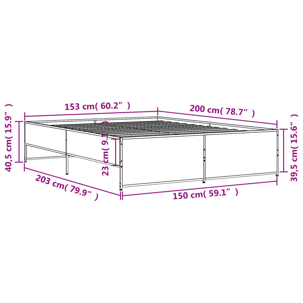 vidaXL Cadru de pat, gri sonoma, 150x200 cm, lemn prelucrat și metal