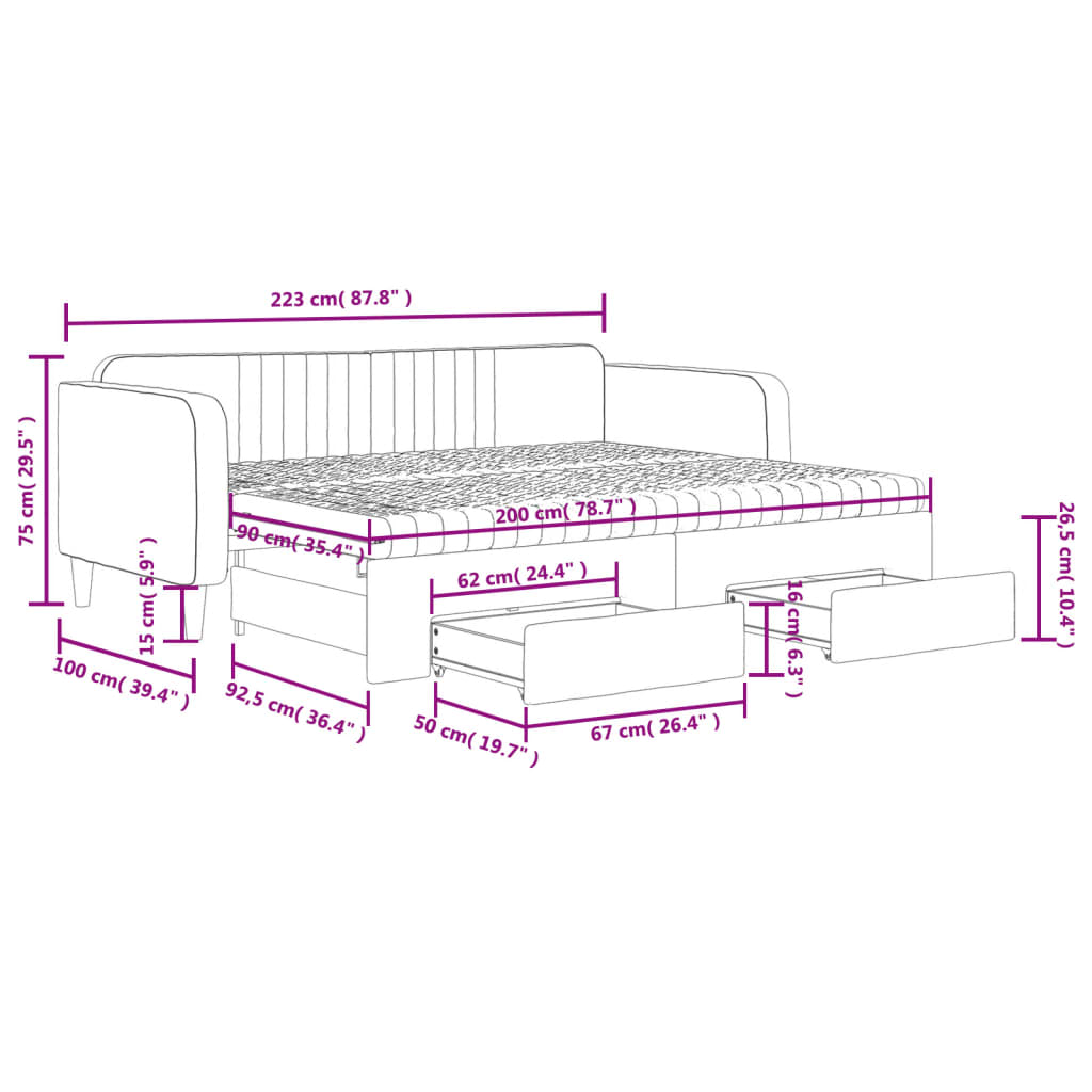 vidaXL Pat de zi cu extensie și sertare, gri deschis 90x200 cm catifea