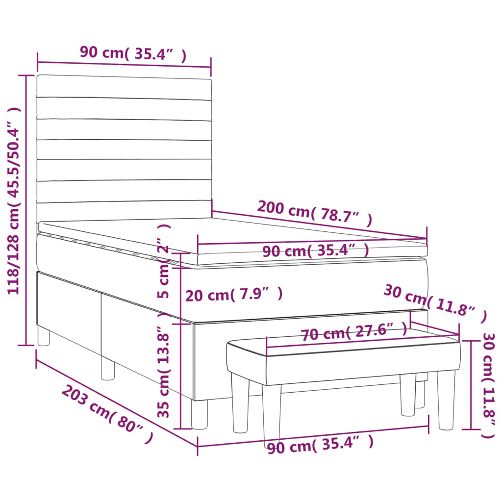 vidaXL Pat box spring cu saltea, gri deschis, 90x200 cm, textil