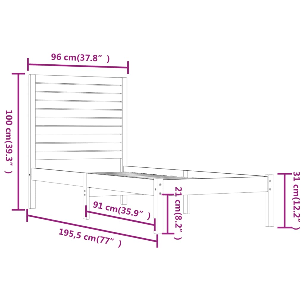 vidaXL Cadru de pat single, negru, 90x190 cm, lemn masiv