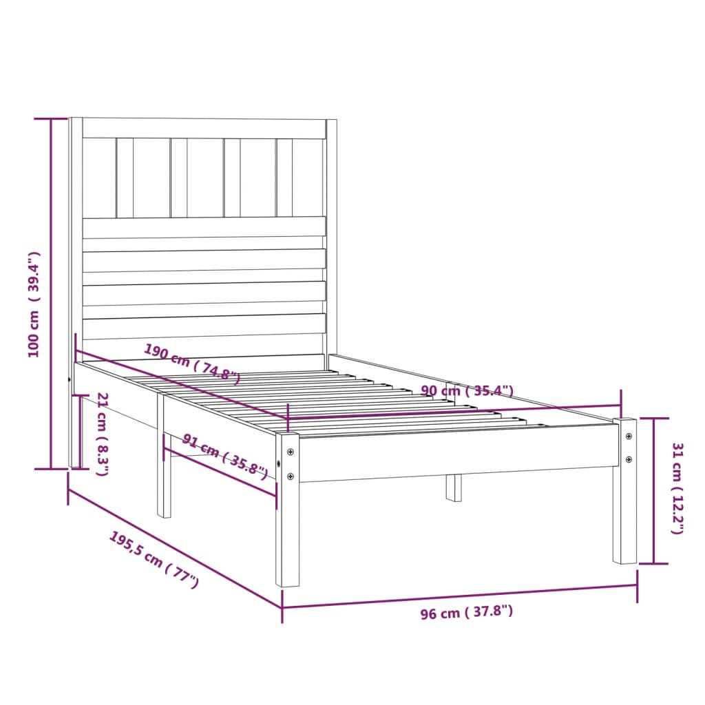 vidaXL Cadru de pat, negru, 90x190 cm, single, lemn masiv de pin