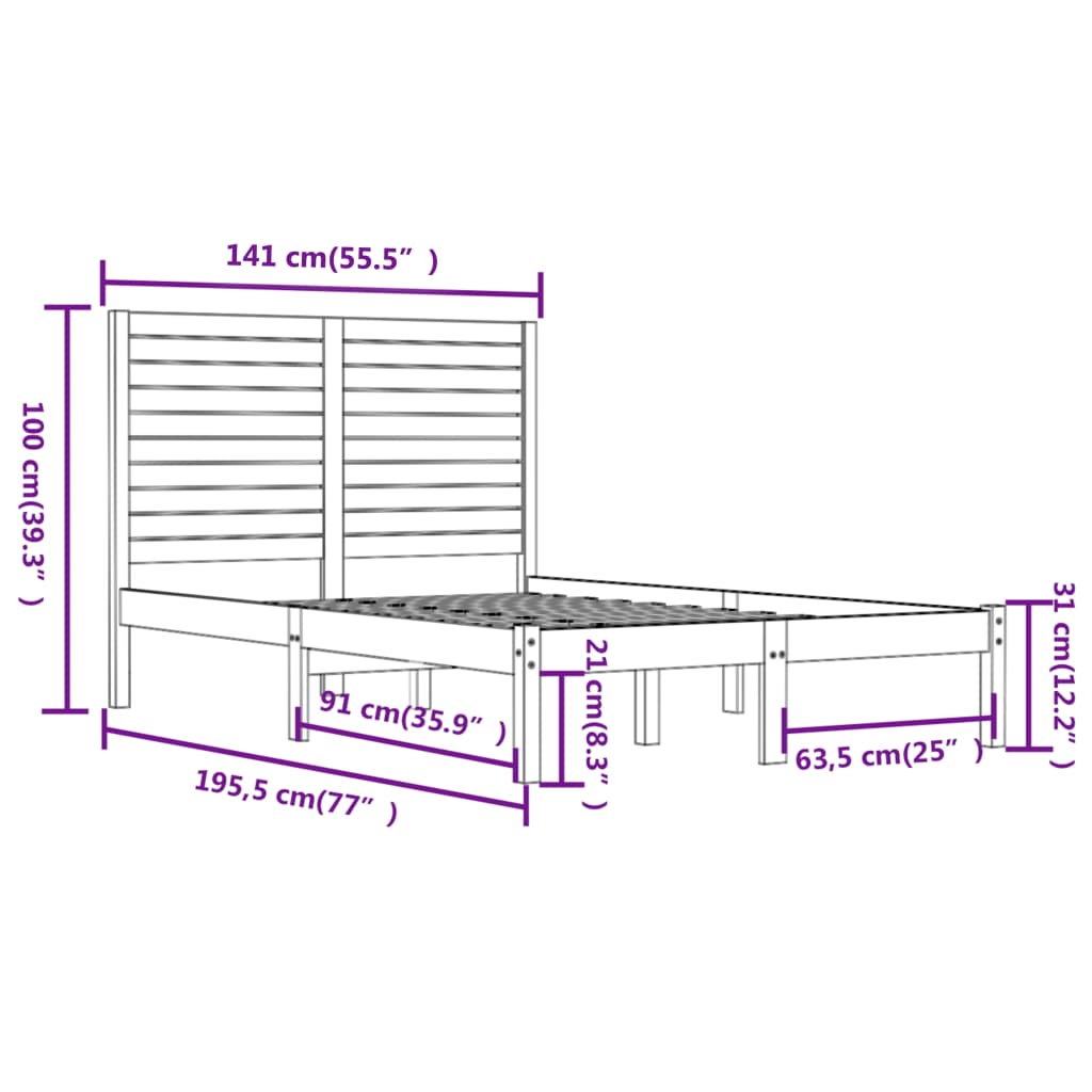 vidaXL Cadru de pat dublu, negru, 135x190 cm, lemn masiv