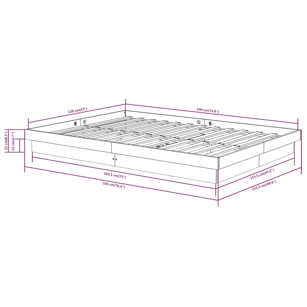 vidaXL Cadru de pat mic dublu, negru, 120x190 cm, lemn masiv