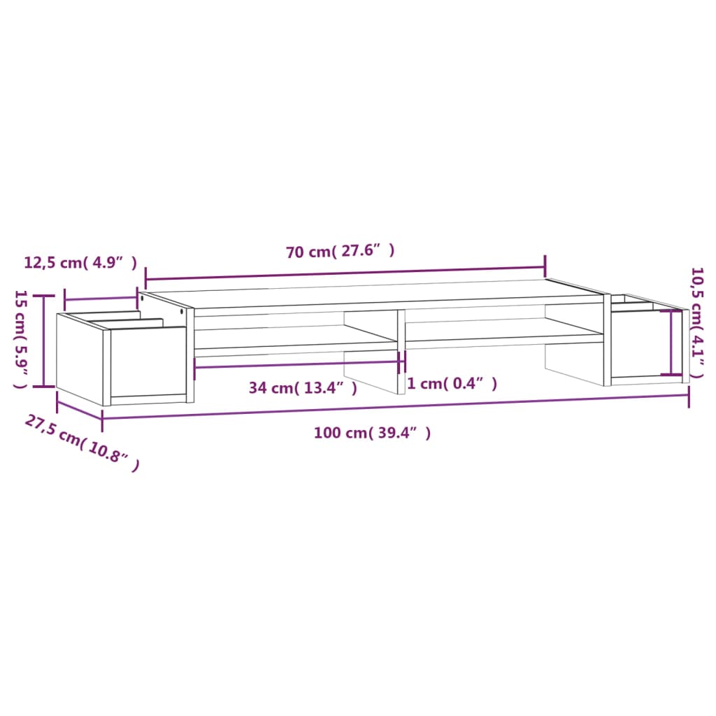 vidaXL Suport pentru monitor, gri, 100x27,5x15 cm, lemn masiv pin