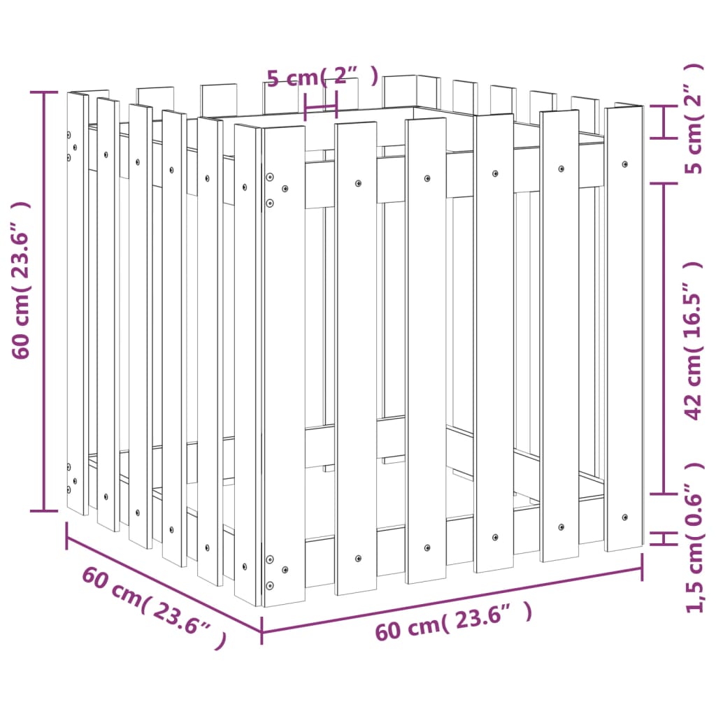 vidaXL Jardinieră grădină design gard, 60x60x60 cm, lemn masiv de pin