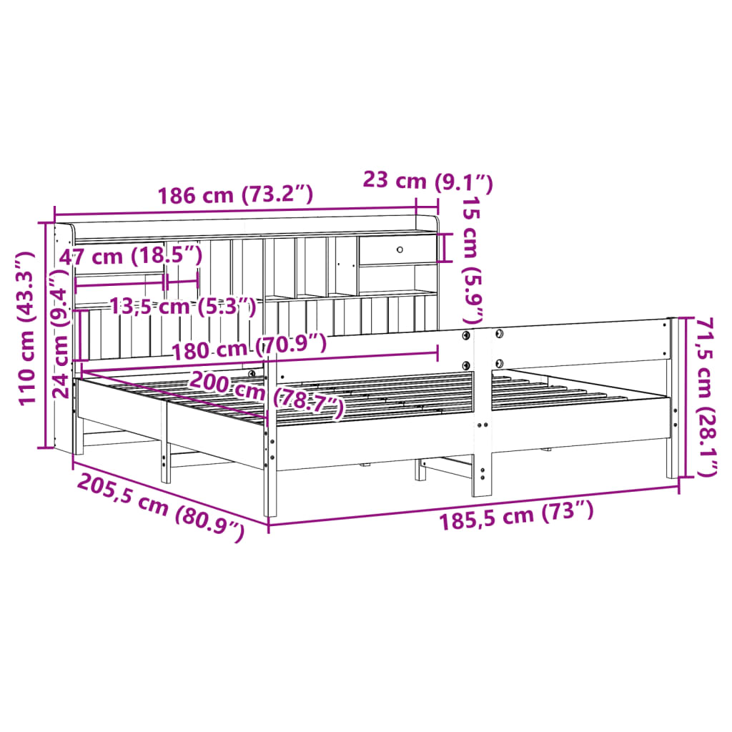 vidaXL Pat cu bibliotecă fără saltea, 180x200 cm, lemn masiv de pin