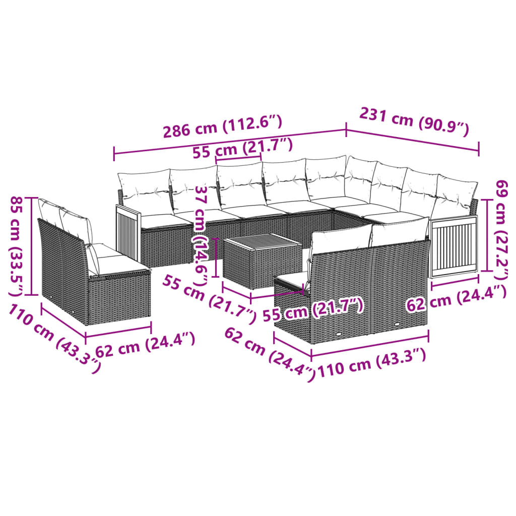 vidaXL Set mobilier de grădină cu perne, 13 piese, gri, poliratan