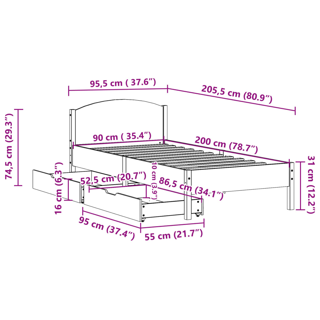 vidaXL Cadru de pat fără saltea, alb, 90x200 cm, lemn masiv pin