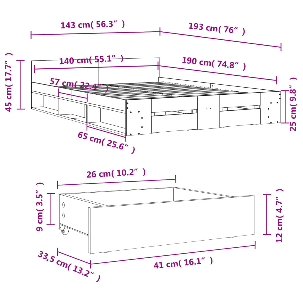 vidaXL Cadru de pat cu sertare, gri beton, 140x190 cm, lemn prelucrat