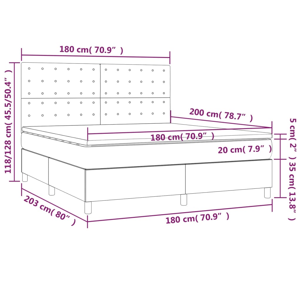 vidaXL Pat cu arcuri, saltea și LED, alb, 180x200 cm, piele ecologică