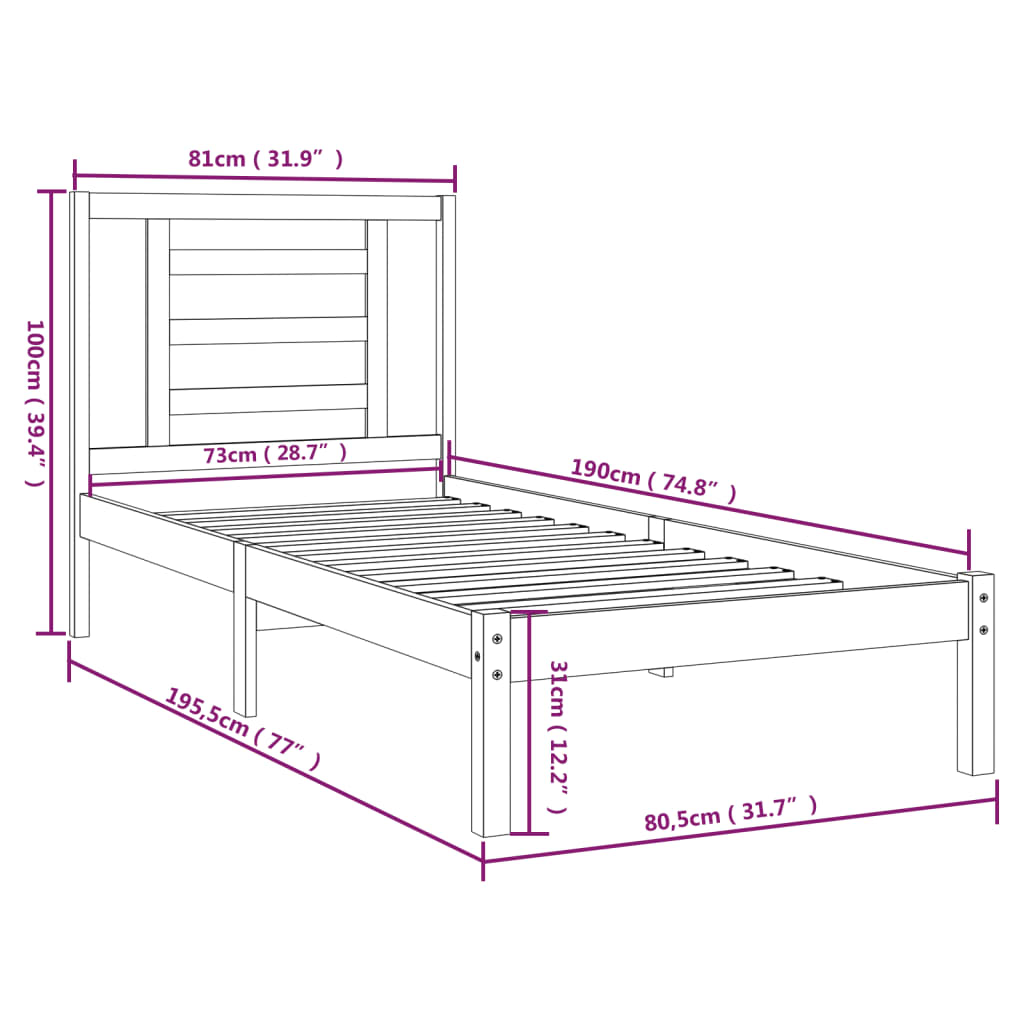 vidaXL Cadru de pat mic single, alb, 75x190 cm, lemn masiv