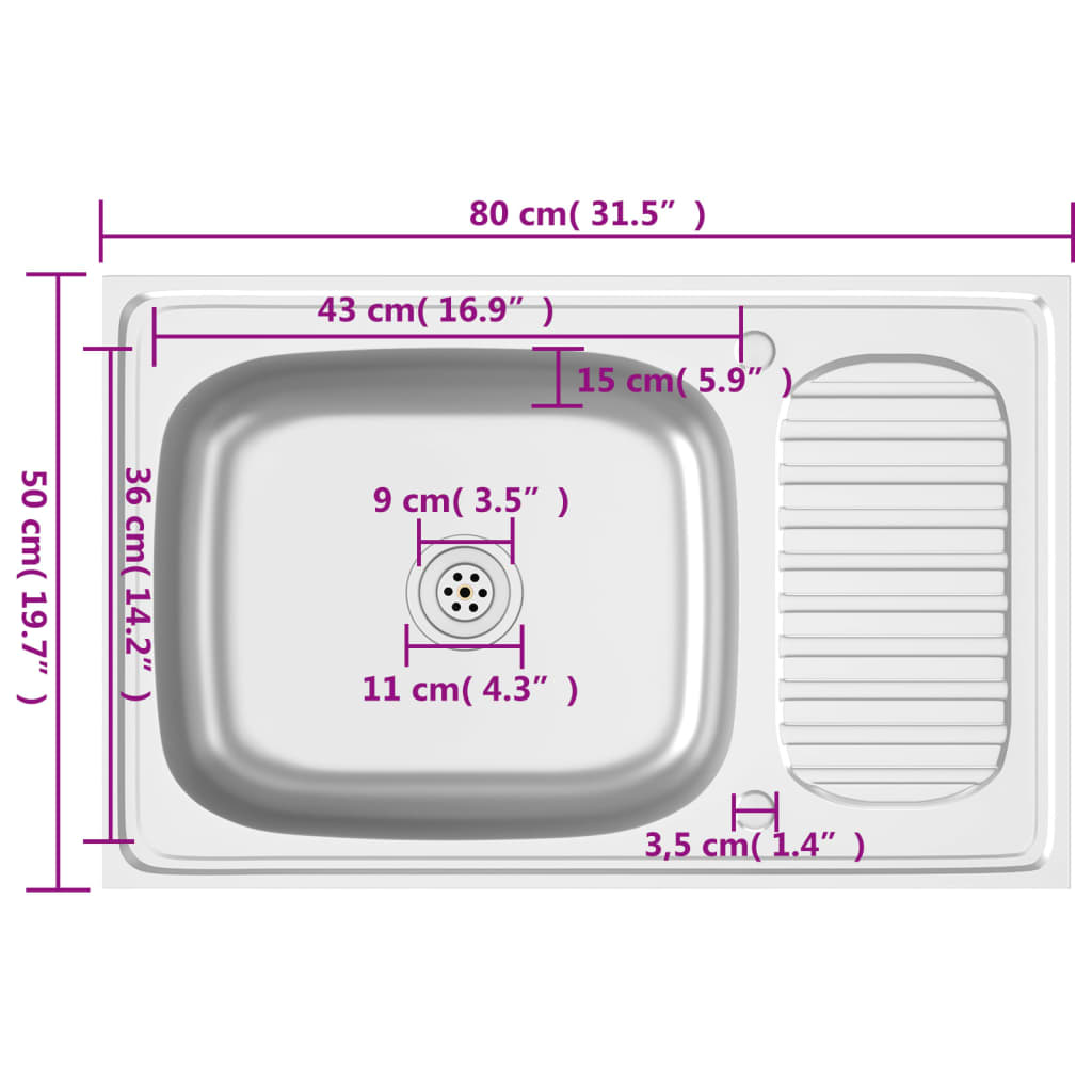 vidaXL Chiuvetă bucătărie cu scurgător, argintiu 800x500x155 mm oțel