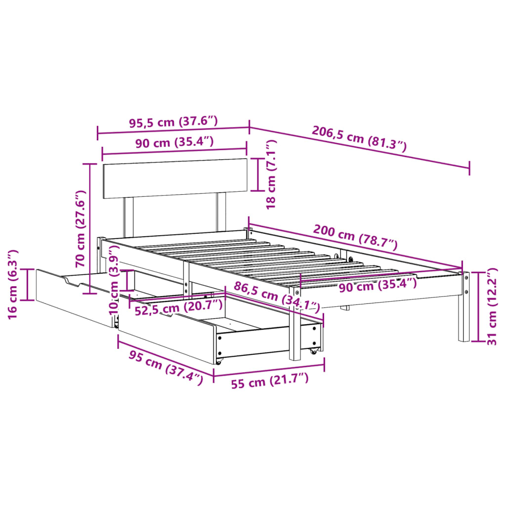 vidaXL Cadru de pat fără saltea, alb, 90x200 cm, lemn masiv pin