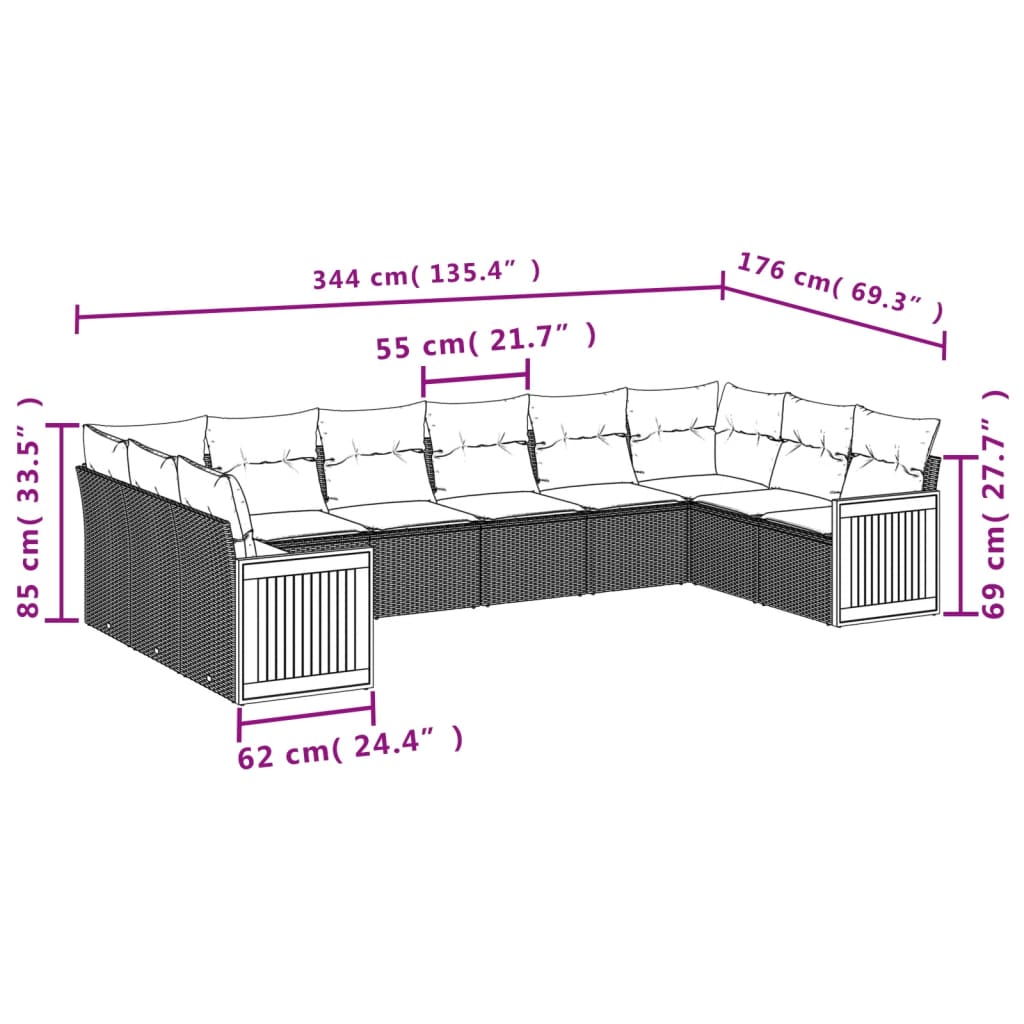 vidaXL Set mobilier de grădină cu perne, 10 piese, gri, poliratan