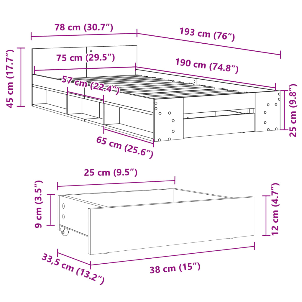 vidaXL Cadru de pat cu sertar, gri beton, 75x190 cm, lemn prelucrat