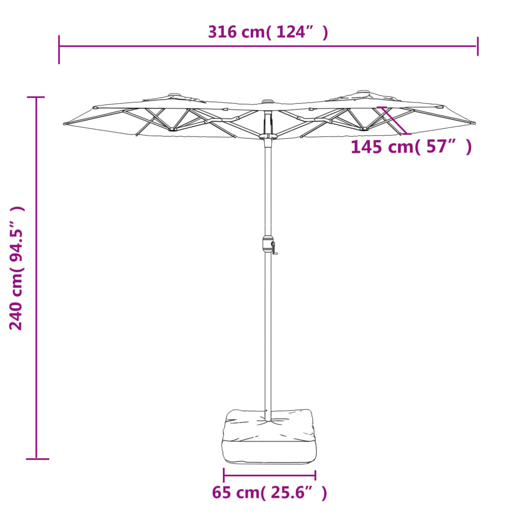 vidaXL Umbrelă de soare cu două capete cu LED-uri albastru 316x240 cm